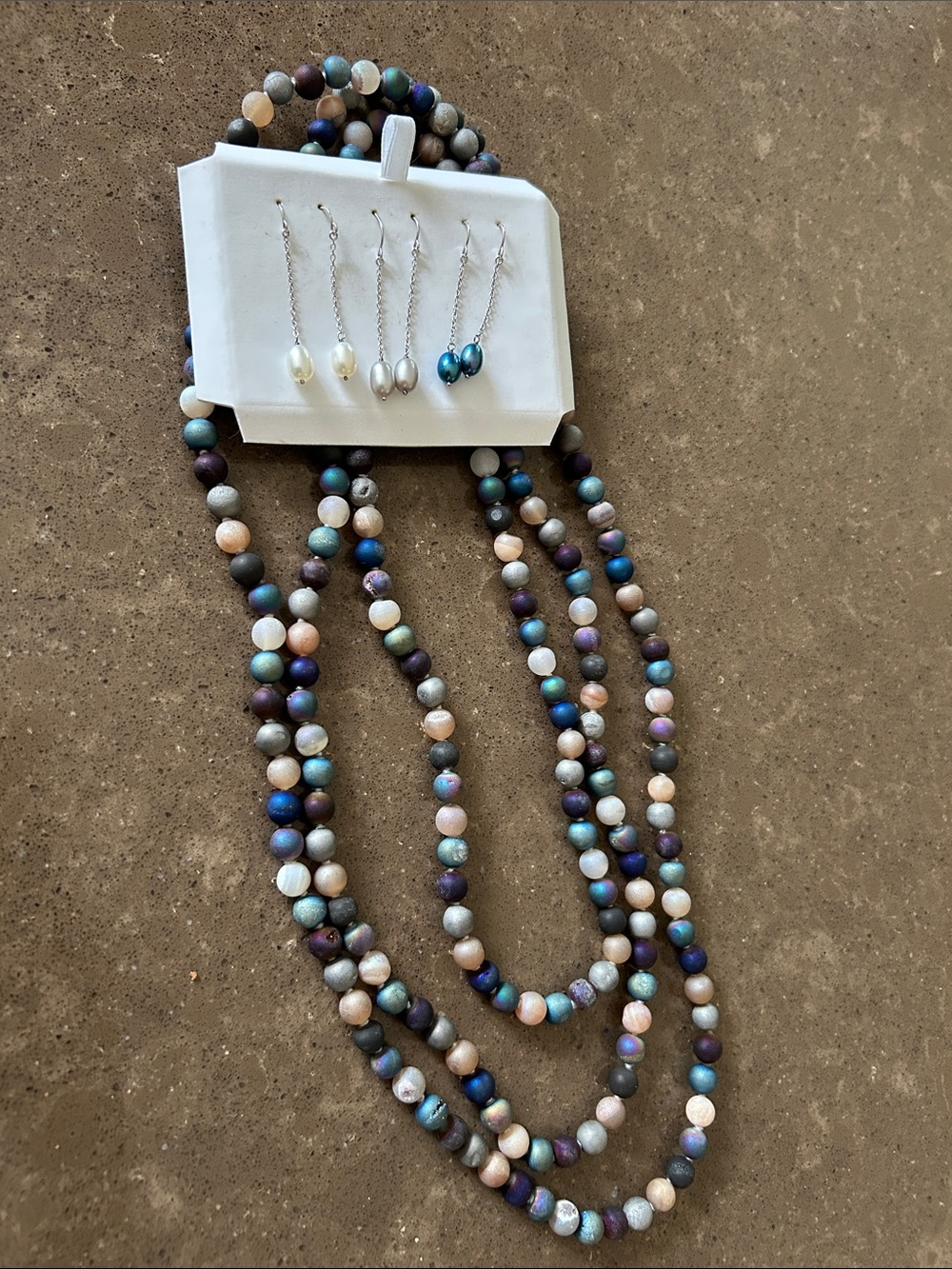 Honora Sterling Silver Pearl Earrings & Matte Aura Agate Druzy Boho Necklace Set